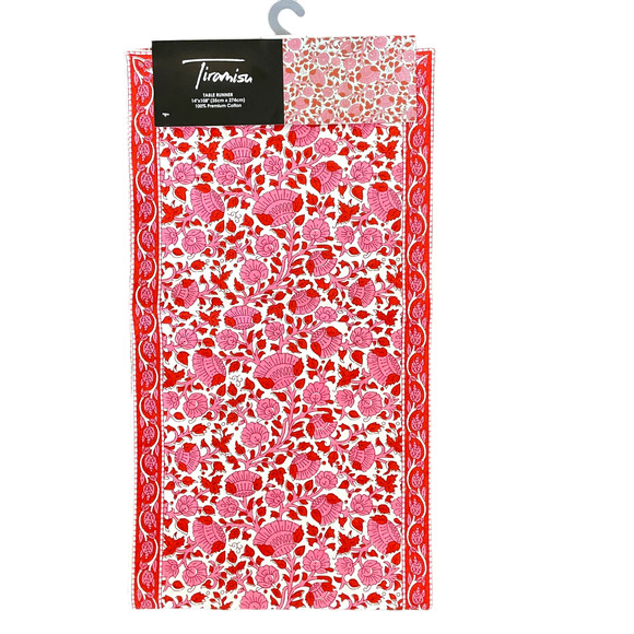 TIRAMISU Spring Pink Red Floral 100% Premium Cotton Table Runner 14" x 108" NEW - Picture 2 of 6